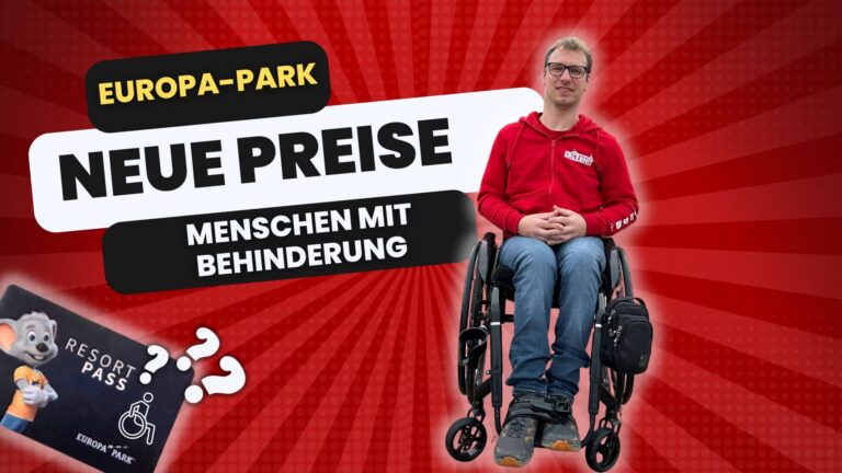 Tim im Rollstuhl und Schrift neue Preise für Menschen mit Behinderung im Europa Park 2024